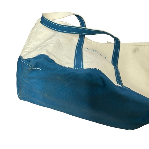 LL BEAN Boat & Tote Ivory Canvas Teal Trim Embroidered Purse Tote - Picture 5 of 11